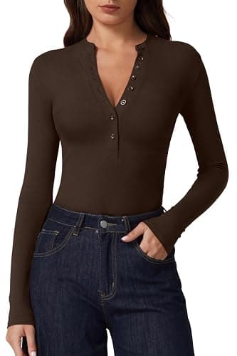 QINSEN Button Down Shirts for Women V Neck Long Sleeve Ribbed Knit Slim Fit Basic Tee Tops - Image 1