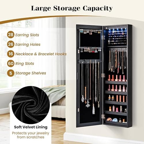 Giantex Wall or Door Mounted Jewelry Cabinet with Full Length Mirror, Over The Door Jewelry Armoire Organizer with Lights, Large Storage with Necklace Hooks, Earring Slots & Shelves (Black) thumbnail 5
