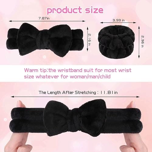 WSYUB Makeup Headbands, 1pcs Black Spa Headband Fluffy Bow Tie Headband Microfiber Face, and 2Pcs Wrist Spa Wash Band Absorbent Wristbands, for Washing Face Skin Care thumbnail 2