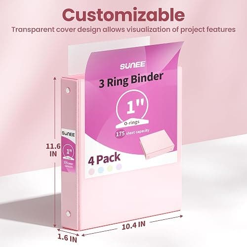 SUNEE 3 Ring Binder 1 Inch 4 Pack, Clear View 1" Binders Three Ring PVC-Free (Fit 8.5x11 Inches) for School or Office Supplies, Assorted Pastel thumbnail 2