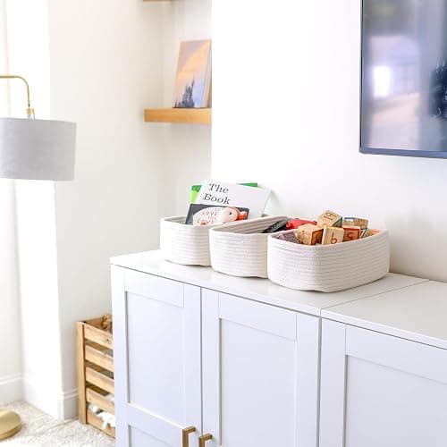 NaturalCozy 11.8"x8"x4.5” Storage Baskets for Shelves 3 Pack | Cotton Rope Woven Small Baskets for Organizing | Small Storage Bins for Nursery, Bathroom, Closet, Cube Shelf, Decorative, Gift Basket thumbnail 2