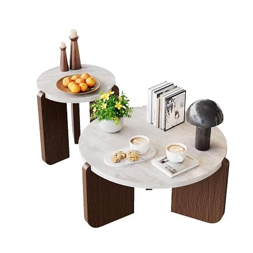 COSIEST Modern Round Coffee Table & Side Table Set, Faux Marble Wood Top, Walnut & Cream White Legs, Minimalist Living Room Center & Accent Table(2 PCS) thumbnail 4