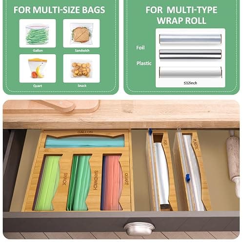 WHOMASS 6-in-1 Magnetic Bamboo Drawer Organizer for Food Bags and Wraps Adjustable Compartment Storage with Dispenser and Cutter Fits Gallon Quart Sandwich and Snack Sizes thumbnail 3