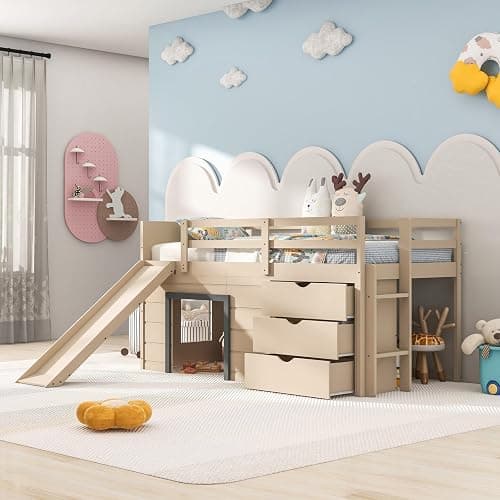 KOMFOTT Twin Low Loft Bed with 3 Storage Drawers & Underneath House, Wood Loft Bed with Slide, Ladder, Guardrails & Under-Bed Play Space, Kids Twin Loft Bed for Girls & Boys, No Box Spring Needed thumbnail 5
