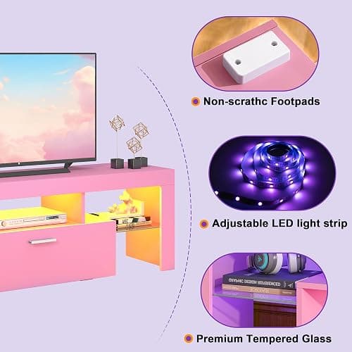 Clikuutory Modern Lighting 51 inch TV Stand with Large Storage Drawer for 32 40 50 55 Inch TVs, TV Console with 20 Color LED Lights, Entertainment Center Media and Open Shelf for Bedroom, Pink thumbnail 6
