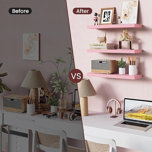 BAYKA Pink Floating Shelves 15.7in, Set of 3, Wall Mounted for Wall Decor | Easy Install, 22lbs Max Load, Hidden Bracket, Shelving for Bathroom Bedroom Kitchen Display Storage, Multi-Wall Compatible thumbnail 6