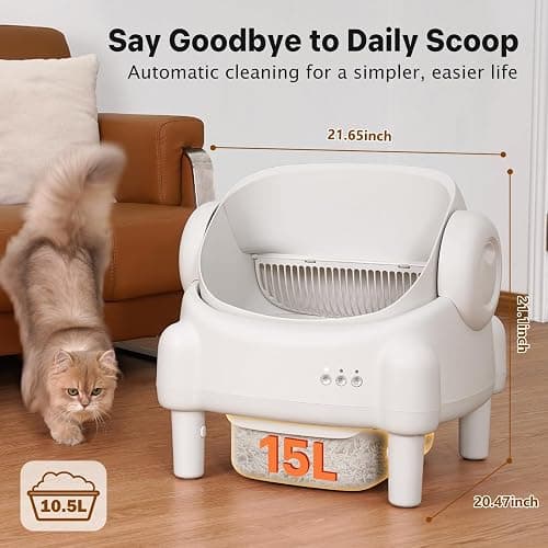 Self Cleaning Litter Box,Open Top Automatic Litter Box with App Control for Multiple Cats, Safety Sensors Protection, Odor Control Includes 2 roll Liners,Large Waste Bin, Cream White thumbnail 6