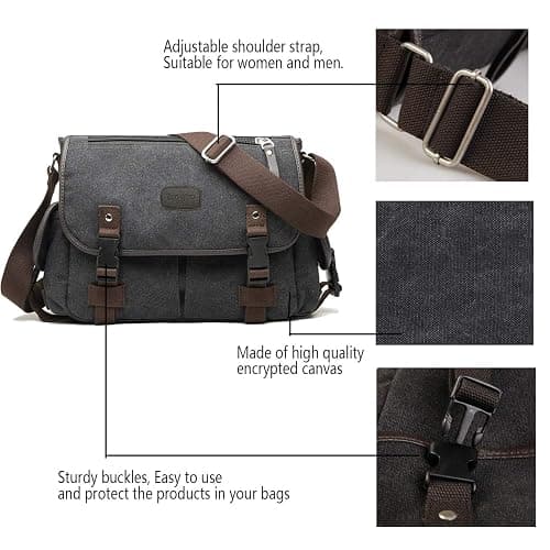 [Upgraded] Vintage Canvas Messenger Bag 13 15.6 17 inches Large Book Laptop Shoulder Bag Women Men New (Black, X-Large) thumbnail 6
