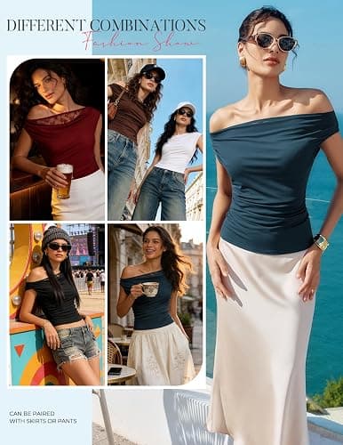 Kate Kasin Women's Lace Tops Summer Sleeveless Ruched Blouse Shirt Elegant Cowl Neck One-Shoulder Off Shoulder Sexy Tank Vest thumbnail 5