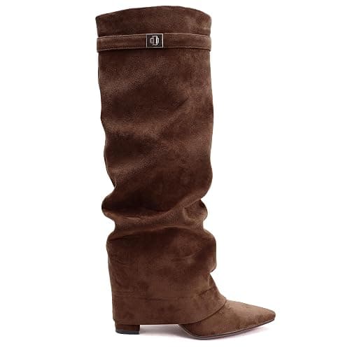 FJQNXGY Knee High Boots for Women Fold Over Knee High Boots Chunky Heel Pointed Toe Suede Long Boots With Side Zipper Tall Boots for Winter Fall - Image 1