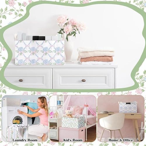 Boao 3 Pcs Blue Hydrangea Storage Bin Fresh Style Floral Collapsible Large Storage Baskets for Gifts Canvas Laundry Basket Foldable Box with Handle for Office Home Bedroom Clothes thumbnail 6