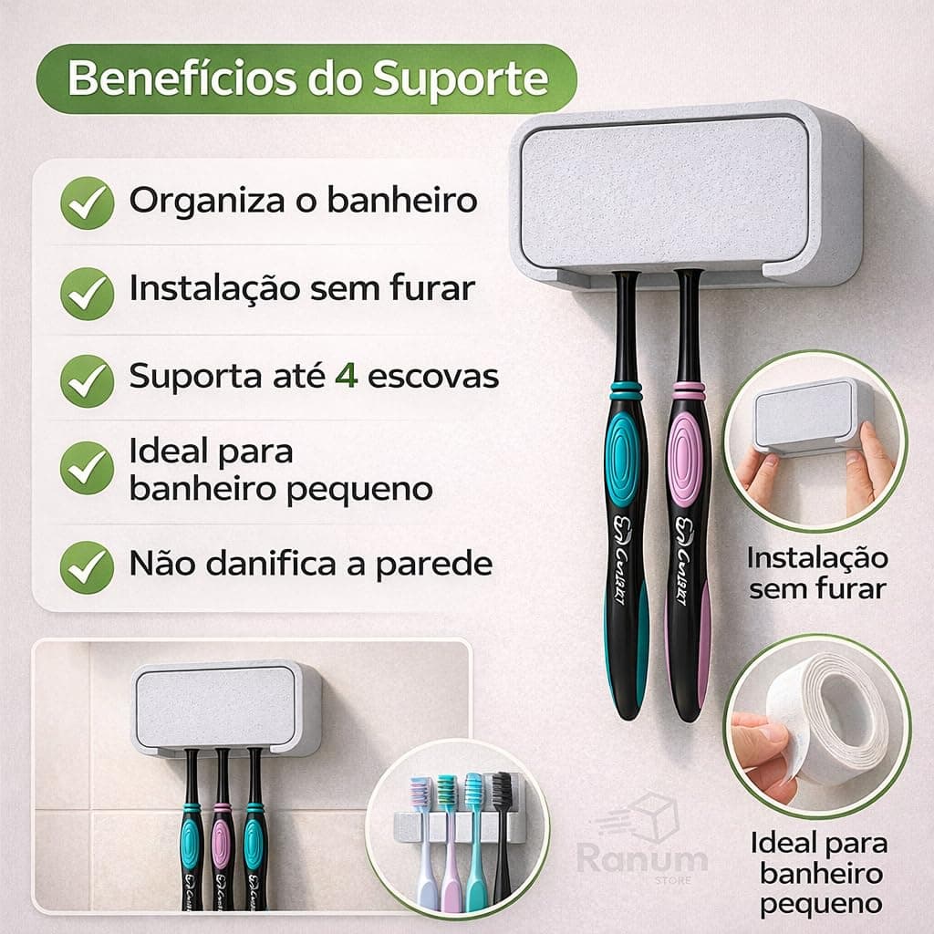 Porta Escovas de Dente de Parede Sem Furo Branco – Suporte para até 4 Escovas thumbnail 2