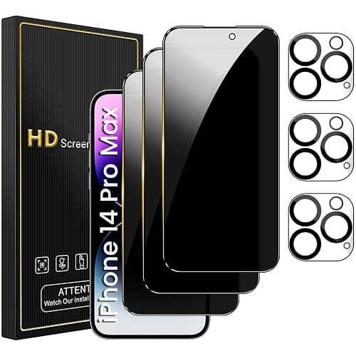 Romkasi 3 Pack Privacy Screen Protector for iPhone 14 Pro Max 6.7 Inch with 3 Pack Camera Lens Protector, Anti Spy Tempered Glass Film, Anti-Scratch, Touch Sensitive, Case Friendly - Image 1