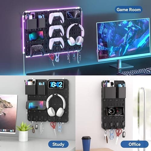 KDD 9 in 1 RGB Gaming Wall Organizer Peg Board - DIY Pegboard Combination Kit with Phone Stand/Pen Holder/Storage Box/Headset & Controller Holder/Hooks for Office & Home Gamer Room Decor Accessories thumbnail 7
