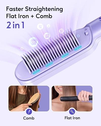 Wavytalk Hair Straightener Brush, Sleek Sweep Ionic Straightening Brush with 6 Temperature Adjust, Anti-Scald Ceramic Straightening Comb Fast Heating for Home Salon, Dual Voltage, Purple. thumbnail 3