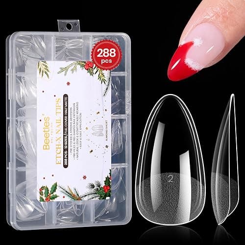 Beetles Gel Nail Tips Etch-X, Almond Short Christmas Limited Set, 288pcs 12 Sizes, Pre-Etched Half Matte Full Cover Soft Acrylic False Nail Tips Almond Shape Easy DIY Extension Salon Gift for Women - Image 1