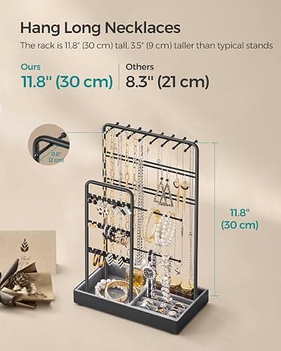 SONGMICS Jewelry Holder, Jewelry Organizer, Jewelry Display Stand with Metal Frame and Velvet Tray, Necklace Earring Bracelet Holder, for Studs, Rings, Christmas Gift, Black UJJS021B01 thumbnail 7