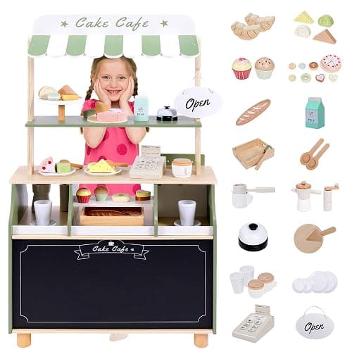 Wooden Coffee Shop Play Set, Pretend Grocery Store, Realistic Bakery Shop Sessert Stand with Toy Foods 37 PCS, Gift for Kids 3 4 5 6 Yead Old - Image 1