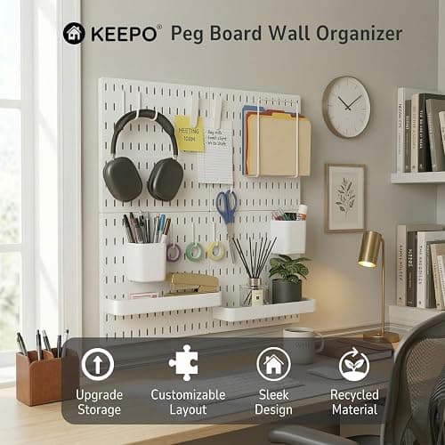 Keepo Pegboard Combination Kit, Pegboards and Accessories Modular Hanging for Wall Organizer, Crafts Organization, Ornaments Display, Nursery Storage, Peg Board (White, 22″×22″) thumbnail 2