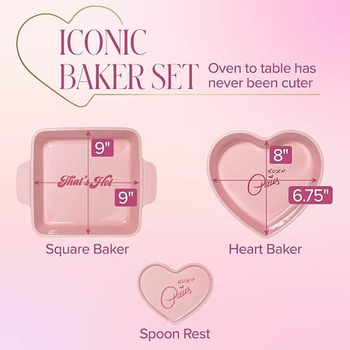 Paris Hilton 3-Piece Ceramic Baker Set, Iconic Stoneware with Square & Heart Bakers and Spoon Rest, Microwave/Oven/Freezer Safe, Durable Bakeware for Everyday Cooking & Serving, Pink thumbnail 6