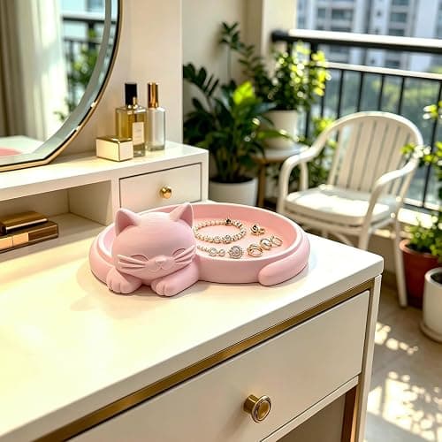 Cat Ring Holder Jewelry Dish Cute Trinket Tray Gifts for Cat Mom Lovers | Pink Cat Design, 3D Printed, Holds Rings Earrings Necklace Keys, Vanity Dresser Bathroom Office Desk Decor Gifts for Women thumbnail 3