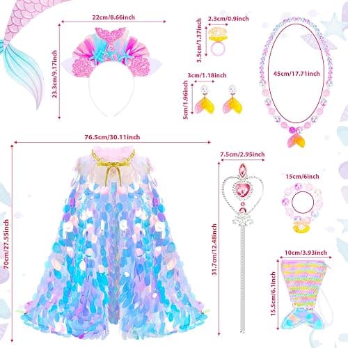 LIMIROLER Princess Dress Up Toys Princess Dress Up Clothes Rainbow Mermaid Cape Kit 9 Pcs Gift Set for Little Girls 3-8 Years thumbnail 2