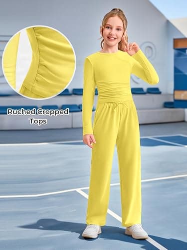 Haloumoning Girls 2 Piece Outfits Kids Ruched Long Sleeve Tops and Wide Leg Pants with Pockets Sweatsuit Clothing Sets thumbnail 6
