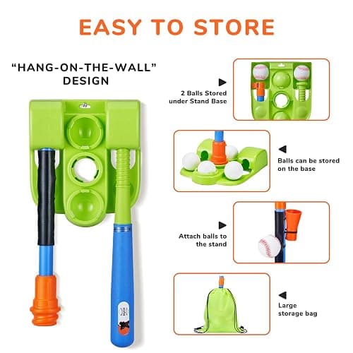 JoyCat 3-in-1 T Ball Set for Kids 3-5,Toddler Baseball Set-T Ball Stand,Hanging Tee,Auto Launcher,6 Balls-Adjustable Height Sports&Outdoor/Indoor Toys for 3 4 5 6 7 8 Year Old Boy Girl Birthday Gift | Adjustable stand switches among tee, hanging-ball and auto-launcher play for indoor or backyard batting practice thumbnail 7