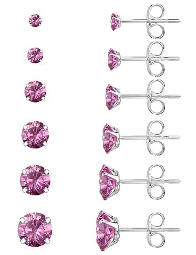 6 Pairs Stud Earrings Set, Hypoallergenic Cubic Zirconia 316L Earrings Stainless Steel CZ Earrings 3-8mm (Steel color) - Image 1