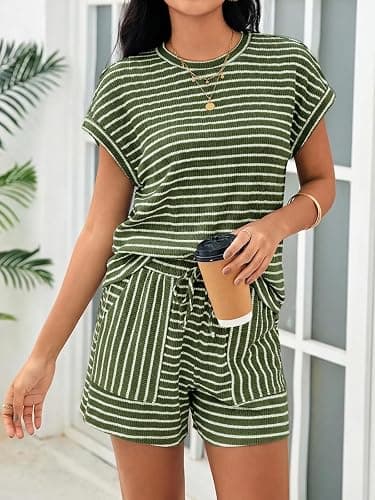 Tankaneo Womens Striped Summer 2 Piece Short Sets Short Sleeve T Shirts Drawstring Shorts Casual Outfits Lounge Pajama Sets thumbnail 4