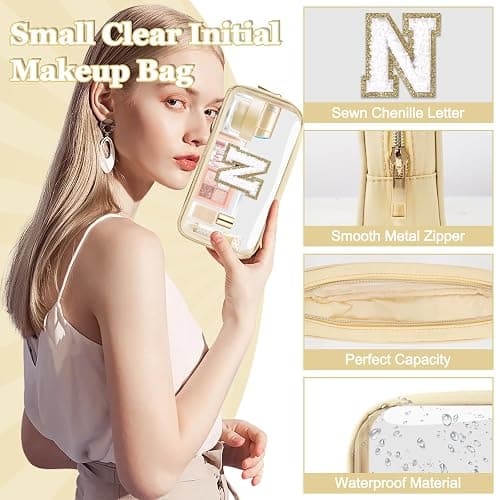 Mini Clear Personalized Initial Makeup Bag, Nylon Preppy A-Z Chenille Letter Patch Zipper Cosmetic Bag, Small Cute Pouch Travel Coin Purse Toiletry Bag, Small-Beige, N thumbnail 3