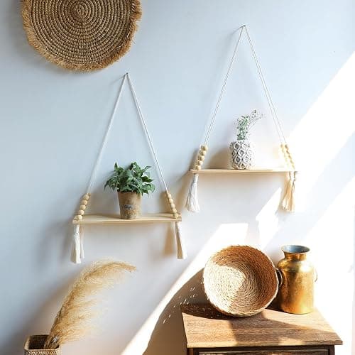 Artilady 2 Pack Wooden Wall Hanging Shelves - Macrame Hanging Plant Shelf with Tassel,Boho Storage Floating Shelves Handmade Rustic Hanger Planter Rack Pot Stand Holder thumbnail 7