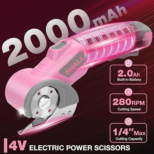SHALL 4V Cordless Electric Scissors, Rechargeable Cardboard Cutter, Rotary Electric Box Cutter w/Safety Lock, LED Light & Replacement Blade for Fabric, Leather, Carpet, Cardboard & Plastic, Pink/Grey thumbnail 2