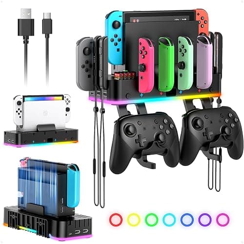 RGB Switch Wall Mount for Joy-Con Charger, Switch Holder for Nintendo Switch / OLED with Switch Organizer, Switch Accessories with 15 Light Mode, 4 Controller Charger, 2 USB Port, 10 Card Slot - Image 1