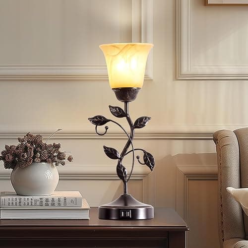 RORIANO Set of 2 Touch Vintage Bedroom Leaf Table Lamps with 2 USB Ports | 3-Way Dimmable Nightstand Flower Lamps, Amber Glass Shade Rustic Lamp for Living Room Bedroom, LED Bulb Included (Bronze) thumbnail 7