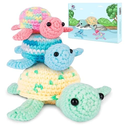 Crochetta Crochet Kit for Beginners, Beginner Crochet Kit for Adults with Step-by-Step Video Tutorials, DIY Crochet Animal Kits Kids Knitting Supplies, 3 Pack Turtle Family (40%+ Yarn) - Image 1