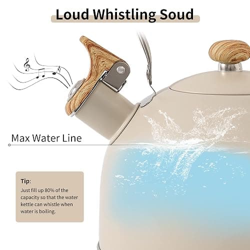 LONFFERY Tea Kettle for Stove Top, 2.5 Quart Whistling Tea Kettle, with Food Grade Stainless Steel and Wood Pattern Folding Handle, Creamy White thumbnail 3