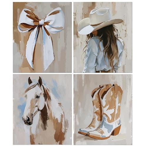 sdfkmlcdl Western Coastal Cowgirl Diamond Art Kits for Adults, Neutral Western Coquette Bow Boots Horse Full Drill Diamond Painting Kits for Adults Beginners 4 Pack, 9.8x11.8 Inch - Image 1