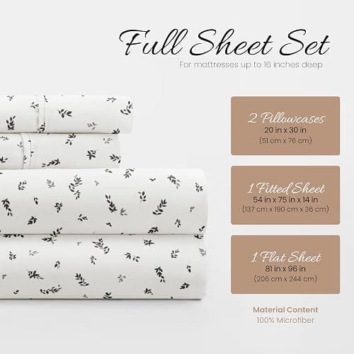 Linen Market Double-Brushed Patterned Microfiber Full Sheet Set 4 Piece – Oeko-TEX Certified Ultra Soft & Wrinkle-Free - 16" Deep Pocket Sheets - Easy Care Full Size - Spotted Leaves Light Gray thumbnail 2