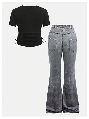 Verdusa Girl's 2 Piece Y2K Outfits Ruched T Shirt Tie Dye Flare Wide Leg Pants Legging with Pockets thumbnail 2