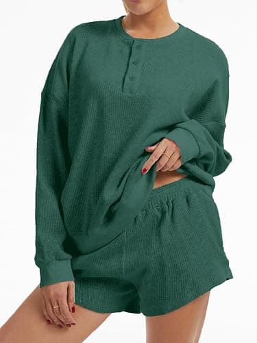 AnotherChill Women's Oversized Waffle Knit Lounge Set Long Sleeve Sweatshirt and High Waisted Shorts 2 Piece Casual Outfit thumbnail 2