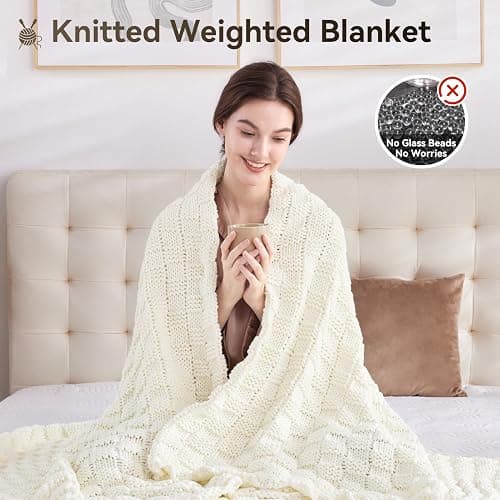 Wellfeel Knitted Weighted Blanket for Adult, No Beads Heavy Blanket 48” x 72'' 12lbs, Breathable Chunky Knit Blanket, Cooling Weighted Blanket for Hot Sleepers, Christmas Home Decor (Ivory White) thumbnail 5