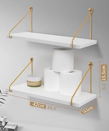 Afuly White Floating Shelves Wood for Wall Mounted with Metal Brackets Rustic Wooden Storage Accessories Shelf for Bathroom Kitchen Bedroom Living Room Office Plant Display, Set of 2 thumbnail 3