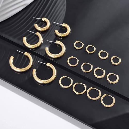 Cuicanstar 9 Pairs Chunky Gold Plated Hoop Earrings Lightweight 14K Gold Plated Hoops Earrings Minimalist Artificial Cubic Zirconia Huggie Earrings Set for Women thumbnail 5