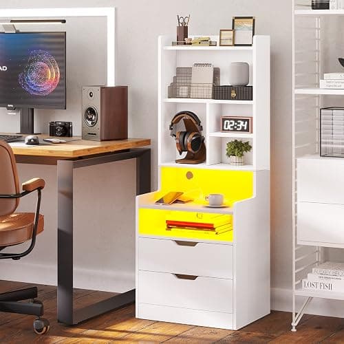 BTHFST Tall Nightstand with Charging Station and LED Lights, White LED Nightstand with Bookshelf, Bedside Table with Shelves and 2 Drawers, Tall End Side Table with USB Ports and Outlets, White thumbnail 7