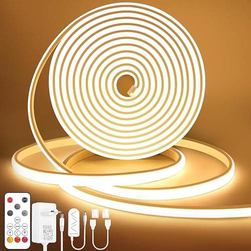 Lamomo COB LED Streifen, Warmweiss Dimmbar 5M LED Strip, Wasserdicht 3000K Neon Led Leiste mit Fernbedienung, 10mm Breit, Silikon Flexibel Lichtleiste für Schlafzimmer Innen Außen Küche Deko, CRI90+ - Image 1