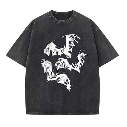 Pairxily Oversized Mens Graphic Tees Bat Print Vintage Shirt Streetwear Acid Wash Cotton Tshirt Baggy Y2k Short Sleeve Tops - Image 1