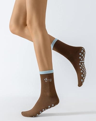 Yawlsow Cute Pilates Socks with Grips Yoga Grippy Socks Non-Slip Crew Embroidery Ruffle socks Barre Fitness Workout thumbnail 4