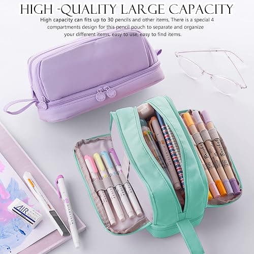 Eucomir Large Stationery Organizer with 4 Compartments - Aesthetic Pencil Case for Kids, Women, Men & Teenagers - Light Green thumbnail 5