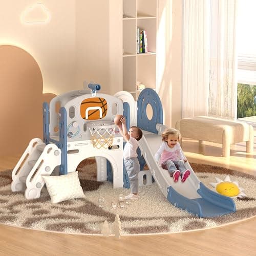 XJD 8 in 1 Toddler Slide Set, Kids Slide for Toddlers Age 1+, Toddler Climber Slide PlaySet with Basketball Hoop and Ball,Outdoor Indoor Playground for Toddlers 1-3 (Blue Gley, 8 in 1) thumbnail 7